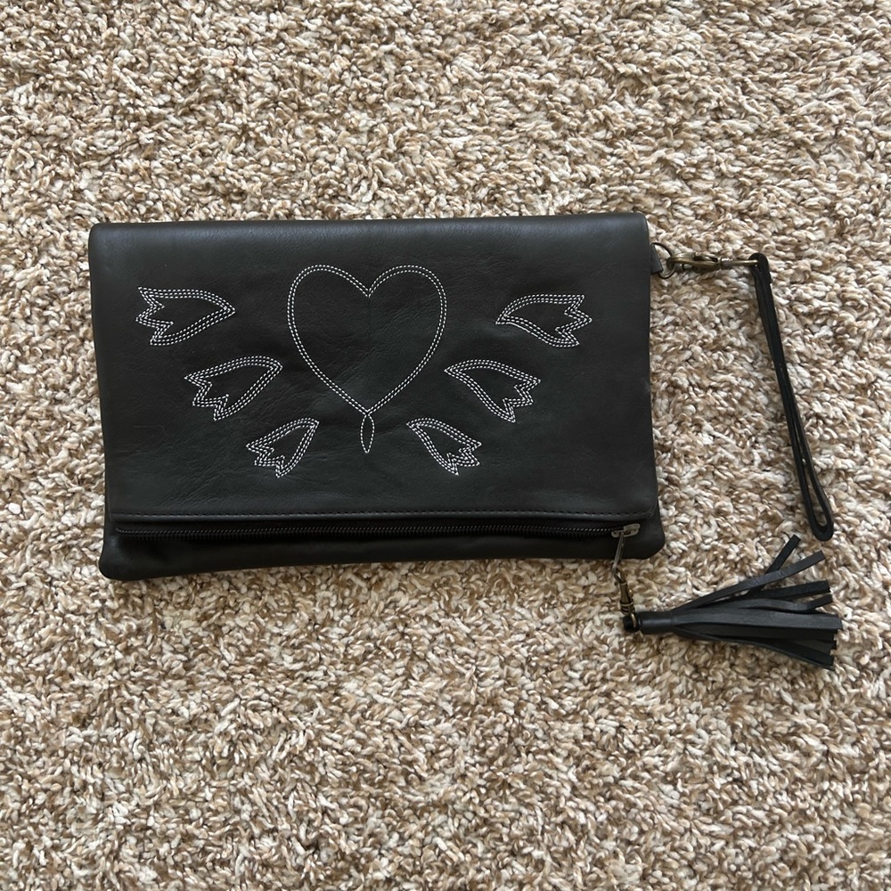 Nena & Co. Studio Fold Over Clutch. Artisan Western - Black Leather